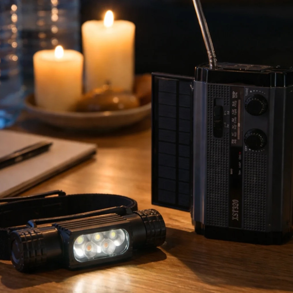 Krisradio och pannlampa på bord, ljus i bakgrunden — beredskap vid strömavbrott